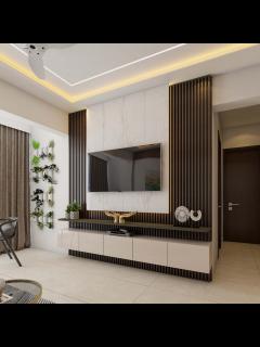 [画像][x]Modern TV Unit Design with White Marble Panel and Slim Floating Ledge ... 余白なし