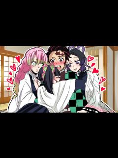 [画像][x]胡蝶しのぶ、栗花落カナヲ、甘露寺蜜璃が炭治郎に誘惑ドッキリを仕掛けたらどうなるのか？【LINE/炭カナ 余白なし