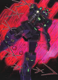 Gundam Art: Neon-lit Robot in Red Background